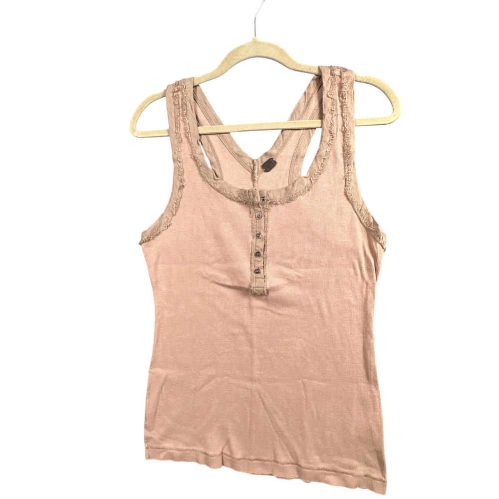 We The Free Tank Top Womens Mauve Ribbed Henley‎ Y2K Boho Frayed Trim Racerback